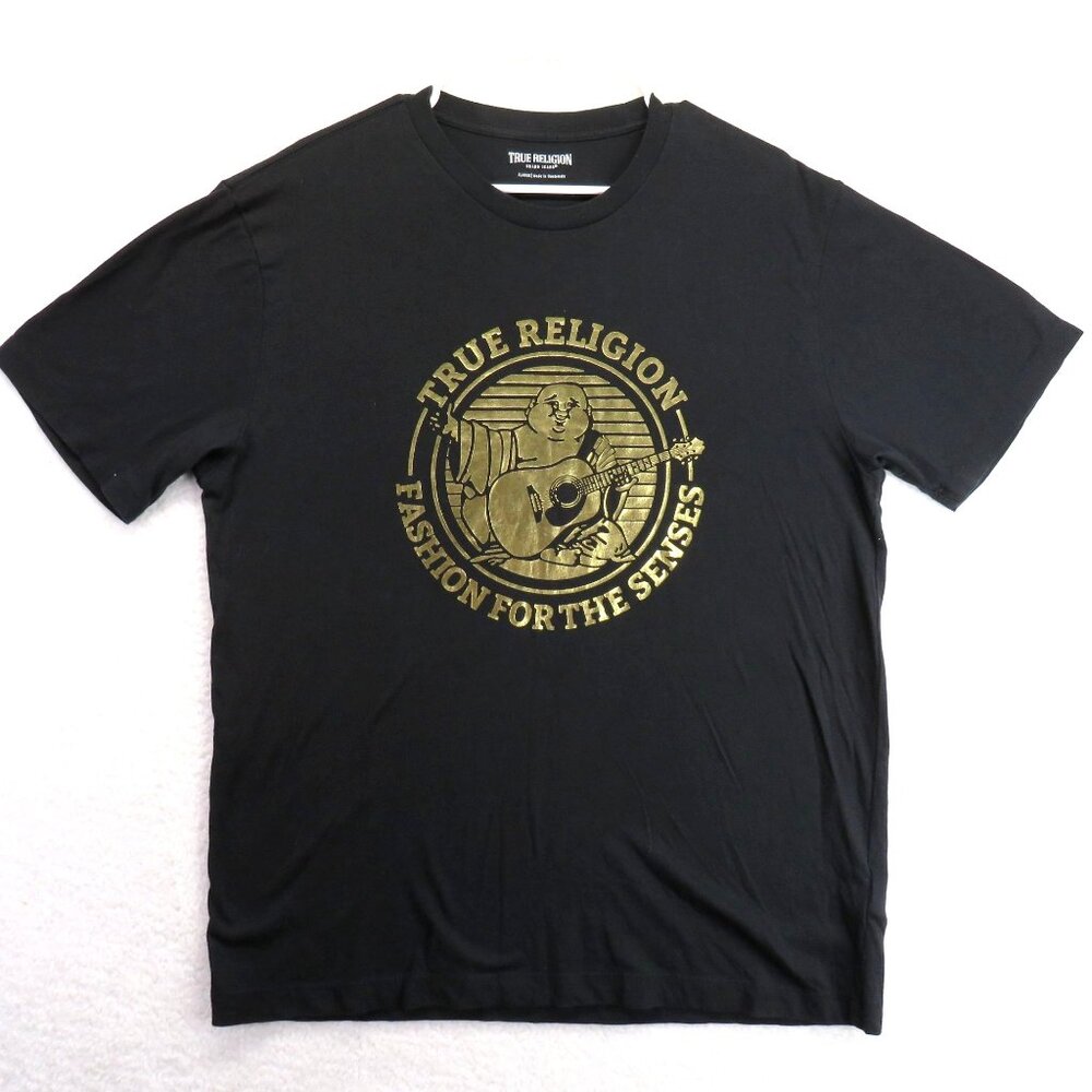 True Religion T Shirt Mens Sz Extra Large Black G old Foil Graphic Short Sleeve